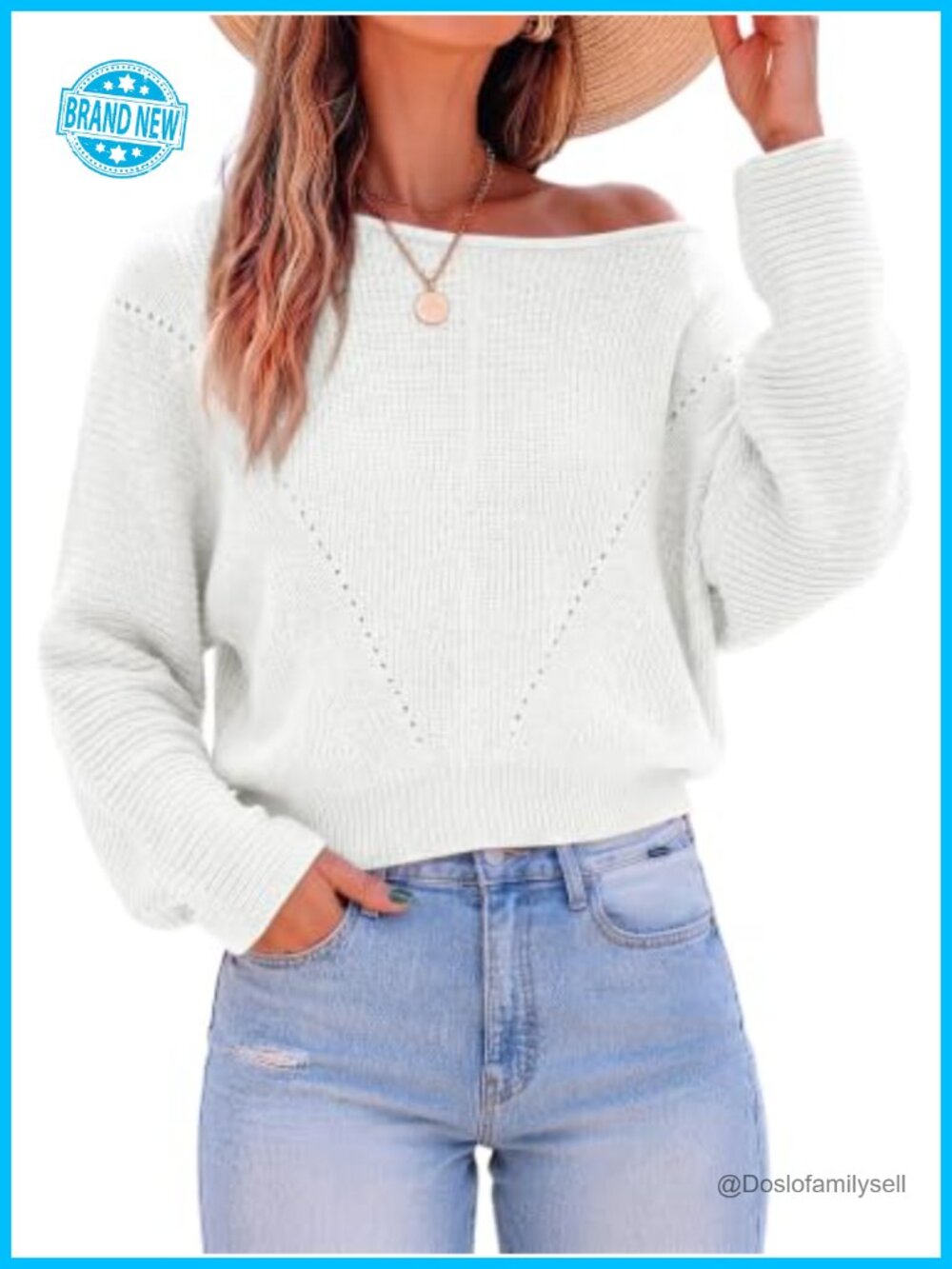 Womens Off Shoulder Batwing Sleeve Boat Neck Knit Pullover Sweater